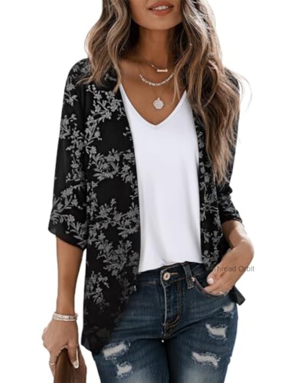 Lightweight Chiffon Cardigan Puff Sleeve Loose Beach Cover Up Blouse Top